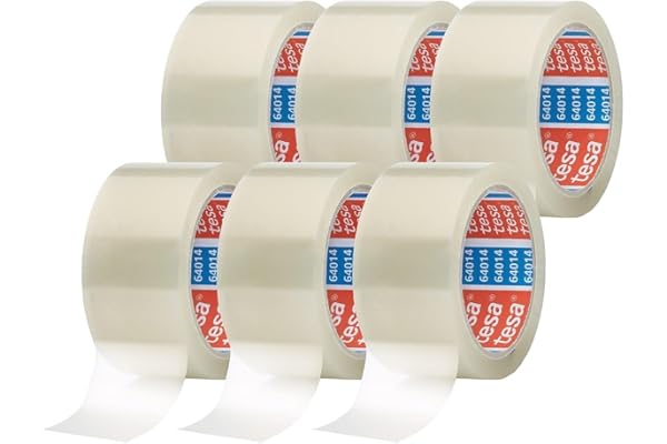 tesapack - Cinta Adhesiva Universal para Embalar, Sellar y Empaquetar - Resistente al Desgarro y a los Rayos UV - 66 m x 50 mm - Paquete de 6 Rollos - Transparente