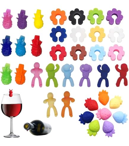 Furuising 42 Pezzi Segna Bicchieri Calici in Silicone, Colorati Segnabicchieri per Calici, Riutilizzabile Segna Bicchiere Identificatore per Feste Bar Bicchieri Vino Cocktail (7 Stili