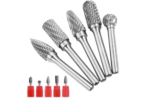 Gasea 5PCS 6×10mm Fraises Double Coupe Rotatives Carbure de Tungstène Die Grinder Bit 6.35mm Tige Cylindrique de Gravure Rotatif Burres Pour Travail du Bois, Métal Polissage, Gravure, Perçage