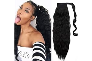 20"(50cm) SEGO Coleta Postiza Rizada de Pelo Sintético con [Magia del Bolsillo] Se Ve Natural Extensiones de Cabello Clip Larga Corn Wave Ponytail [Negro Intenso]
