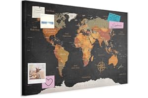 murando - Tableau à Épingles et Peinture sur Toile Combinés 90x60 cm - Avec Crochets Clous et Punaises Argentées - Panneau en Fibres pour Notes et Affichage - Carte du monde k-C-0048-v-a