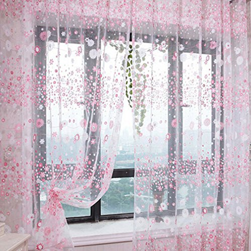 200*95cm Fenster Dekoration Kleine Blumen Floral Tüll Voile Vorhang Gardine (rosa)