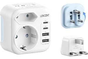 LENCENT Typ D och Typ G Kombi-reseadapter med 2 USB-C- och 2 USB-A Fällbar
