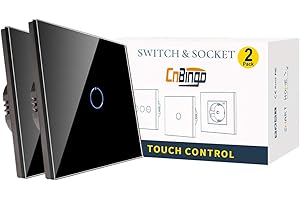 2 Pack CNBINGO Touch Light Switch, Black Single Light Switch, Tempered Glass Panel with LED Backlight, No Neutral Wire Required, 1-Gang 1-Way, AC 240V 500W