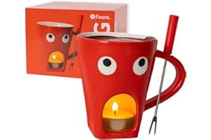 Fisura – Taza fondue chocolate original. Fondue de queso con taza y tenedor. Taza roja con estampado de ojos para fondue. Taza original para regalo. 140 mililitros