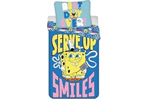 BRANDMAC SpongeBob SquarePants Bedding Set 100% Cotton | Kids Single Size Duvet Cover 140x200 cm + Pillowcase 60x65 cm | “Serve Up Smiles” Cartoon Print | Soft & Breathable | Fun SpongeBob Bedroom Decor