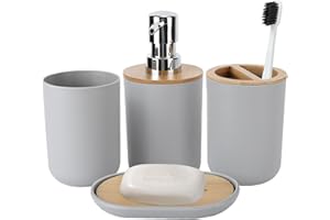 GARQITWAN 4 Pezzi Set di Accessori per il Bagno, Dispenser Sapone Liquido, Portaspazzolino, Porta Spazzolino da Denti, Portasapone, Set Bagno Accessori, Set Bagno Moderno per Casa, Hotel, Bagno, Grigio