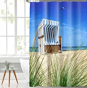 Lushomes Digital Seashell Design Shower Curtain with 12 Eyelets and 12 Hooks (Single pc, 71 x 78, 180 x 200 cms)