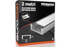 Eurocali Profilo da 2 metri (2mt) in Alluminio grigio per Strisce LED Schermatura Opaca - Larghezza Massima Striscia LED 12.2mm - 15.5 x 5.9