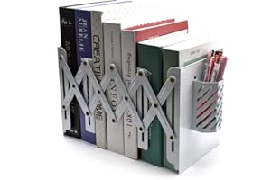 Adjustable Metal Bookend, Hmseng Big book ends for Heavy Books,Desk Magazine File Organizer Holder,Desk Organizer and Accessories for Office, Books, Papers, Extends up to 19 inches-White