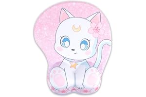 BelugaDesign Tapis de souris spongieux pour chat | Joli tapis de souris Kawaii rose blanc pastel lune fleur Sakura étoile patte Anime | Repose-poignet ergonomique et spongieux (blanc/rose)