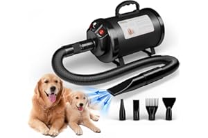 Blanlody Suszarka do włosów dla psów Dmuchawa bardzo cicha 5,2 KM / 3800 W, regulowana prędkość, wentylator do pielęgnacji psów z 4 różnymi dyszami, elastyczna rura