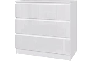 PANANA Modern High-Gloss Drawer Panels Chest of Drawers, 3/4/5/6 Drawer Wooden Dresser with Metal Runner Bedside Table No Handle Sleek Design Storage Organizer Unit for Living Room Bedroom (White, 3 Drawers)