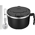 1200ml Rapid Ramen Bowl with Filterable Lid, 304 Stainless Steel Noodle Bowl Set with Spoon Chopsticks BPA Free Ramen Cooker Bowl with Handle Dishwasher Safe Portable Soup Bowl for Dorm Home Office