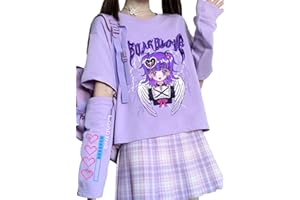 YINGKE Top da Donna Giapponese Harajuku Senza Cappuccio Maglione Carino Anime Felpe Senza Cappuccio Cuciture a Due Maniche Girocollo Sciolto Moda Pullover Manica Lunga T-Shirt