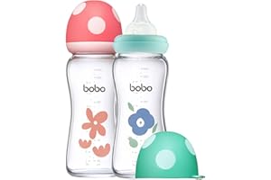 YOHKOH Natural Response Weithals-Babyflasche aus Glas, Anti-Kolik Baby Glas Flaschen mit Ultraweiches Silikon-Sauger, für Neugeborene Babys ab 1 Monat (Mehrfarbig, 260ml (2er Pack))