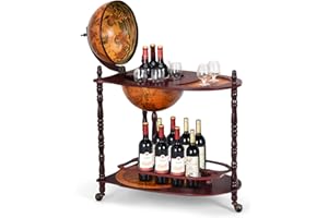 GOPLUS Porta Bottiglie Mappamondo Bar Scaffale per Vino in Modello Mappamondo Vintage Artistico, Supporto Robusto di Legno, con 3 Ruote (Marrone 88x70x45CM)