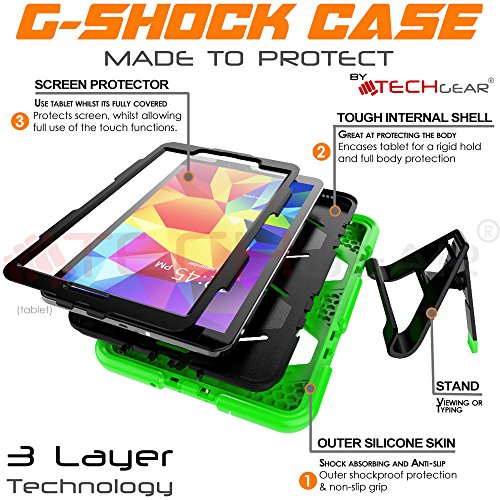 TECHGEAR® (Schutzhülle für Samsung Galaxy Tab A 25,7 cm 2016 (SM-T580 Serie) Robuste Schutzhülle Design Stoßfester Panzer lange Überlebenszeit mit abnehmbaren Ständer Schule, Kids, Bauunternehmer Fall grün grün Galaxy Tab - 4