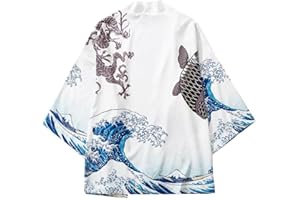 HAOWUL Cardigan Kimono Traditionnel Japonais Mâle Japonais Yukata avec Wave Carpe Imprimé, Haori Manteau Japon Vêtements