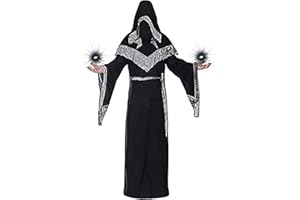 JAKLOZ Mystische Zauberer Robe Halloween Cosplay Kostüme für Männer, Erwachsene Mittelalter Uniform Vintage Renaissance Kleidung, Herren Outfit Zauberer Mantel Umhang(Schwarz,3XL)