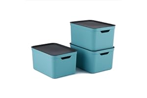 ROTHO Jive Dekobox Juego de 3 cajas de almacenamiento de 16l con tapa, Plástico (PP reciclado), turquesa/antracita, 3x16l (37.5 x 27.8 x 29.8 cm)