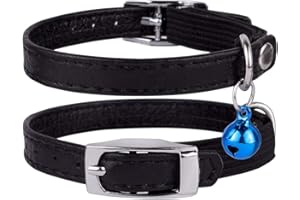 CollarDirect Leather Cat Collar, Cat Safety Collar with Elastic Strap, Kitten Collar for Cat with Bell Black Blue Red Orange Lime Green (Neck Fit 9"-11", Black)