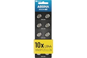 ABSINA AG13 LR44 Knopfzelle 10er Pack - 1,5V Alkaline Knopfzellen auslaufsicher & mit Langer Haltbarkeit - LR1154 / L1154 / L1154F / G13 / G13A / 13GA / 157 / V13GA / PX76A / RW82 - Knopfbatterien