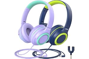 iClever 2-pack barnhörlurar trådade, hörlurar för barn med 85 dBA volymbegränsad, stereoljud, justerbart pannband, vikbar, ba