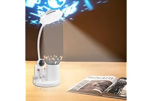 GOMETY Schreibtischlampe Kinder, LED Nachttischlampe Dimmbar Helligkeitsstufen, Wiederaufladbare Tischlampe Studienlampe Schwanenhals LED-Leselampe mit mit Stifthalter Stern Projektion für Kinder
