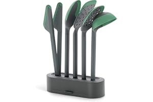 Lékué Set 5 Utensilios de cocina (Cuchara, Cucharón, Espátula, Espumadera y Pinzas) con base, Colección Essential