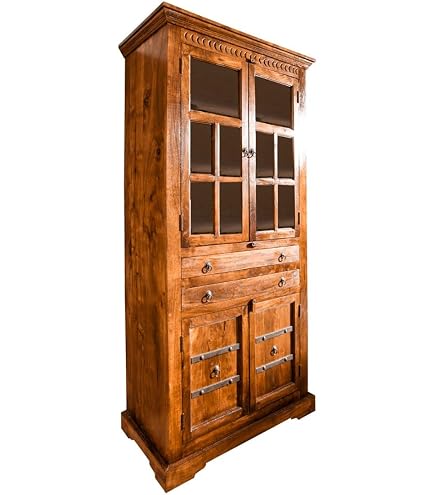 Vaisselier Colonial En Acacia Massif Laqué - Style Oxford #454, 85x50x195cm, Livré Monté, Couleur Nougat