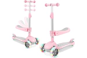 AODI Patinete para Niños de 2 a 10 Años, Patinete 2 en 1 con Asiento, Scooter 3 Ruedas LED Parpadeantes, Patinete 3 Ruedas Niña y Niños, Patinete Niño para Carga Máxima 50KG, Regalos para Niños