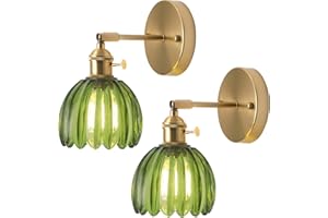 TOKTOP Lot de 2 Applique Murale Fleur Vintage Laiton Doré et Verre Vert avec Interrupteur Lampe Murale E27 Luminaire Murale pour Salle de Bain Chambre Salon Cuisine