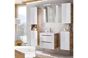 ‎LOMADOX Lomadox Badmöbel Set, Hochglanz weiß mit Wotan Eiche Nb., 61 cm Waschtischunterschrank & Keramik-Waschtisch & LED-Spiegelschrank