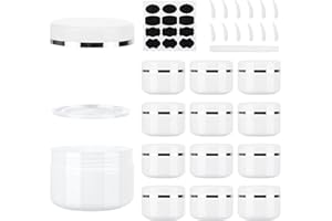 MirraSwit 12 Stück Döschen Weiß Leer Tiegel 100ml, Cremedosen zum Befüllen, Wiederverwendbar Kunststoff Stichprobe Behälter Tiegel, mit Spatel, Stift und Etikett für Öle Lotion Creme Masken