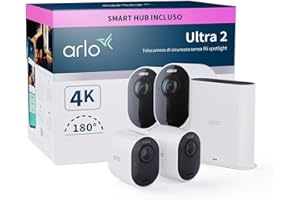 Arlo Ultra 2 Telecamera WiFi Esterno Senza Fili, Telecamera WiFi Interno, 4K UHD, Sirena Allarme Casa, Sensore Di Movimento, Audio Bidirezionale, Prova Arlo Secure Inclusa, 2 Telecamere, Bianche