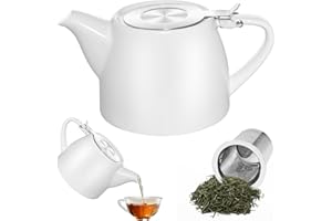 PORFOYO Tetera de cerámica, 500 ml, porcelana, con colador, apta para lavavajillas, mango redondeado, para té suelto o bolsas de té, blanco