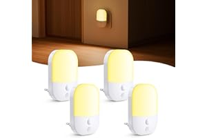 DETAKE [Lot de 4] Veilleuse avec Capteur de Crépuscule, 5 Niveaux de Luminosité, ON/OFF/AUTO Modes, 3000K Blanche Chaude, 0,3W, Veilleuse LED pour Couloirs, Escaliers, Chambres, Cuisines, Salons, Garages