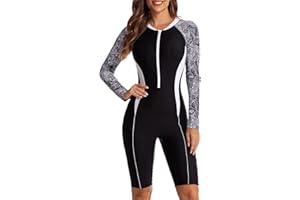 QTUN Women's One Pieces Boyleg Sports Swimming Costumes Long Sleeve Swimsuit UV Protection Rash Guard Surfing Diving Suit Athletic Swimwear