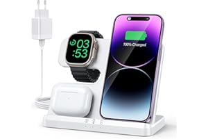 JARGOU 3 in 1 Apple Ladestation, Ladestation für Apple Watch und iPhone, Wireless Charger für iPhone 17 16 15 14 13 12 11 Pro Max, für Apple Watch 11/Ultra 3/10/9/8/7/6/SE/AirPods Pro 4 3 2