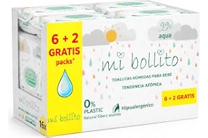 Mi Bollito - 99 % Aqua Pure babyservetter, 100 % vegetabiliska fibrer, 480 servetter, 8-pack, pH, neutral, känslig och atopis
