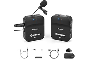 Moman C1 Mikrofon, kabellos, 2,4 GHz, Lavaliersystem, Mic für Kamera, Canon, Sony, Nikon, Telefon, Camcorder, GoPro, Laptop, PC, für Interview, Live Streaming, Videoaufnahme