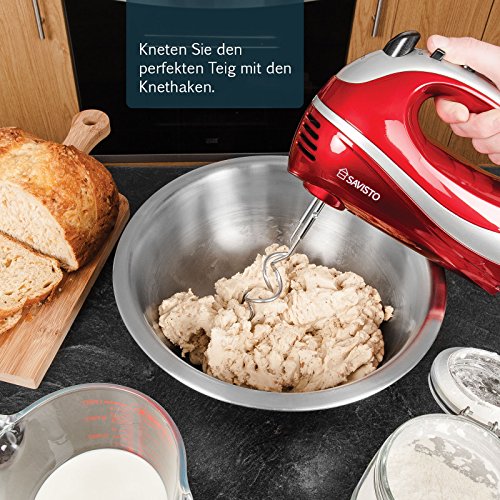Savisto 300W Elektrisches Handmixer mit Quirl, Knethaken und Schneebesen Aufsatz – 5 Geschwindigkeitsstufen und Turbotaste Handrührgerät – Rot / Grau - 7