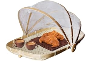 Szetosy, Cestino in bambù intrecciato a mano con copertura in rete, per coprire e servire il cibo, a prova di insetti, antipolvere, per pane, frutta e verdura, Bambù, Stile 1, 34x29CM