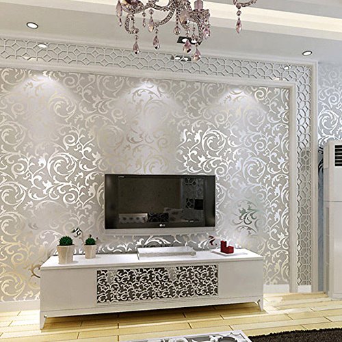 PVC-Tapete Relief Mustertapete 0,53m*10m Flock Tapete Europa Hintergrundbild Wallpaper Ornament Vliestapete Silbergrau für Schlafzimmer, Wohnzimmer, Hotel (Silber Grau) - 2