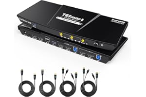 TESmart HDMI KVM Switch for 2 Monitor 2PC 4K@60Hz, USB 3.0 5Gbps, EDID Emulator, Hotkey/Button/IR Remote Switch, Audio+Mic, w/Input Cables, Dual Monitor KVM for Home Office & Gaming