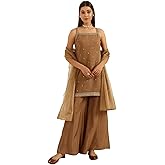 FIORRA Women's Brown Viscose Chanderi Straight Kurta with Palazzo and Dupatta