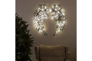 POMUROM Angel Wings Metal Wall Art with LED Lights, 18 inch Large Angel Wings Wall Decoration, 3D Angel Wings Wall Sculptures, Modern Home Wall Ornament for Porch Bedroom Living Room Garden Bar Studio