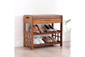 GGFHH Shoe Bench Rack 2 Tier Shoe Organizer with Padded Cushion Seat Multi Function Bamboo Storage Benches ​for Entryway Hallway Living Room Bathroom 70x29.5x49cm
