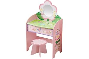 WODENY Children's Dressing Tables Kids Vanity Table Set with Stool & Mirror for Girls Makeup Vanity Table Set Wooden Drawer (Green)